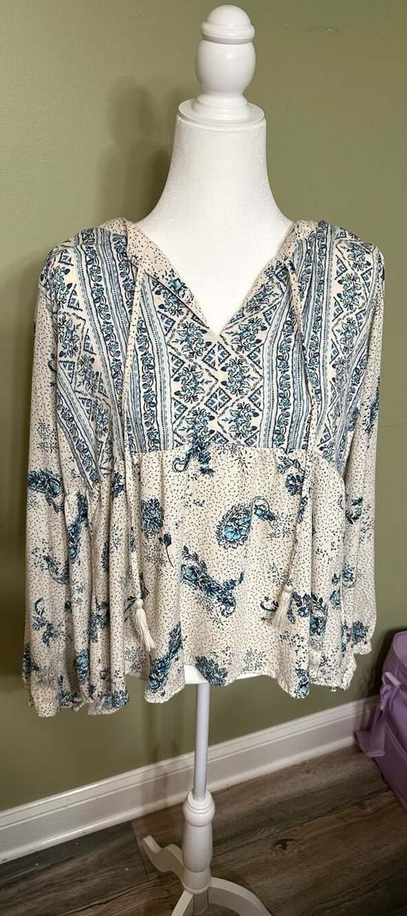 Torrid Blue and White Floral Print Long Sleeve Top with Tie Detail